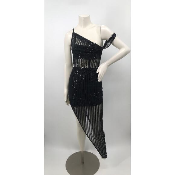Lovers + Friends Nina Black Sequins Asymmetrical Gown Party Dress XS - Picture 3 of 16
